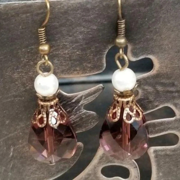 Handcrafted Faceted Glass Teardrop Dangle Earrings - Picture 1 of 5